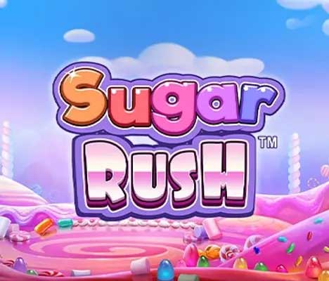 Sugar rush : Colorful Sugar Rush logo set in a candy-themed landscape with pink swirls, sugary treats, and a blue sky, evoking a playful and whimsical mood.